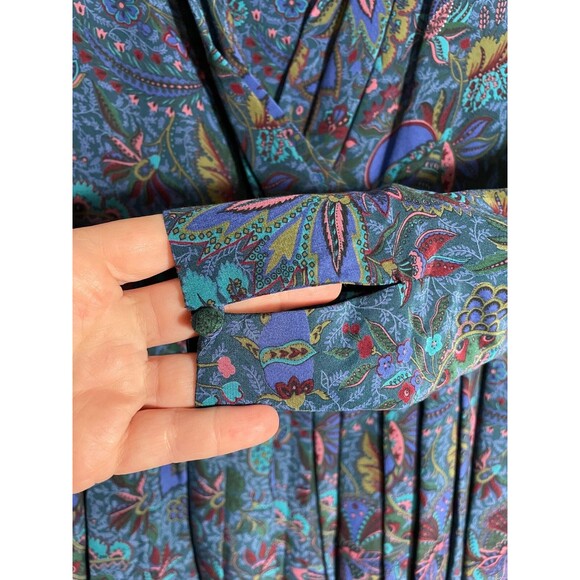 Vintage Albert Nipon Silk Midi Dress Blue Floral Paisley Pleated 90s Size 2 - Picture 3 of 15
